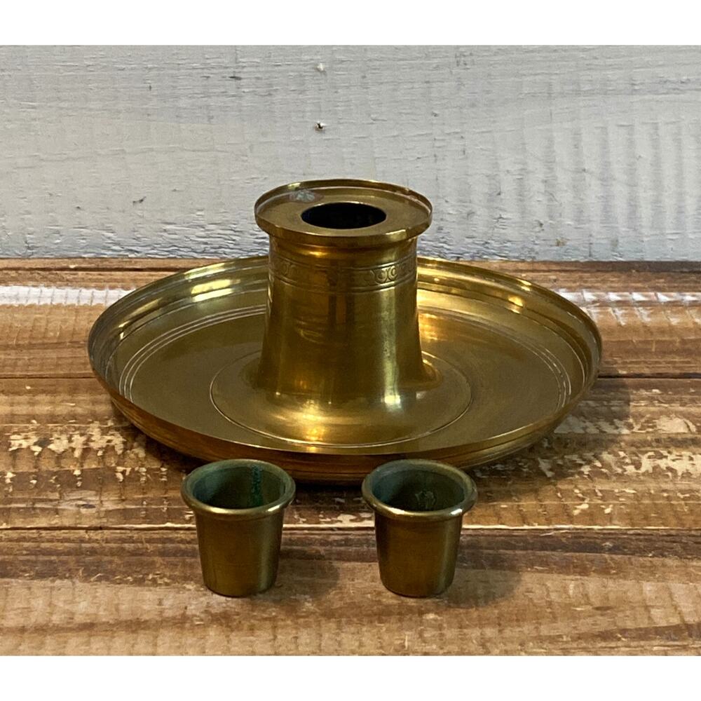 Vintage MCM Brass Candlestick Candle Holder Wide Drip Tray Marked Scandinavian